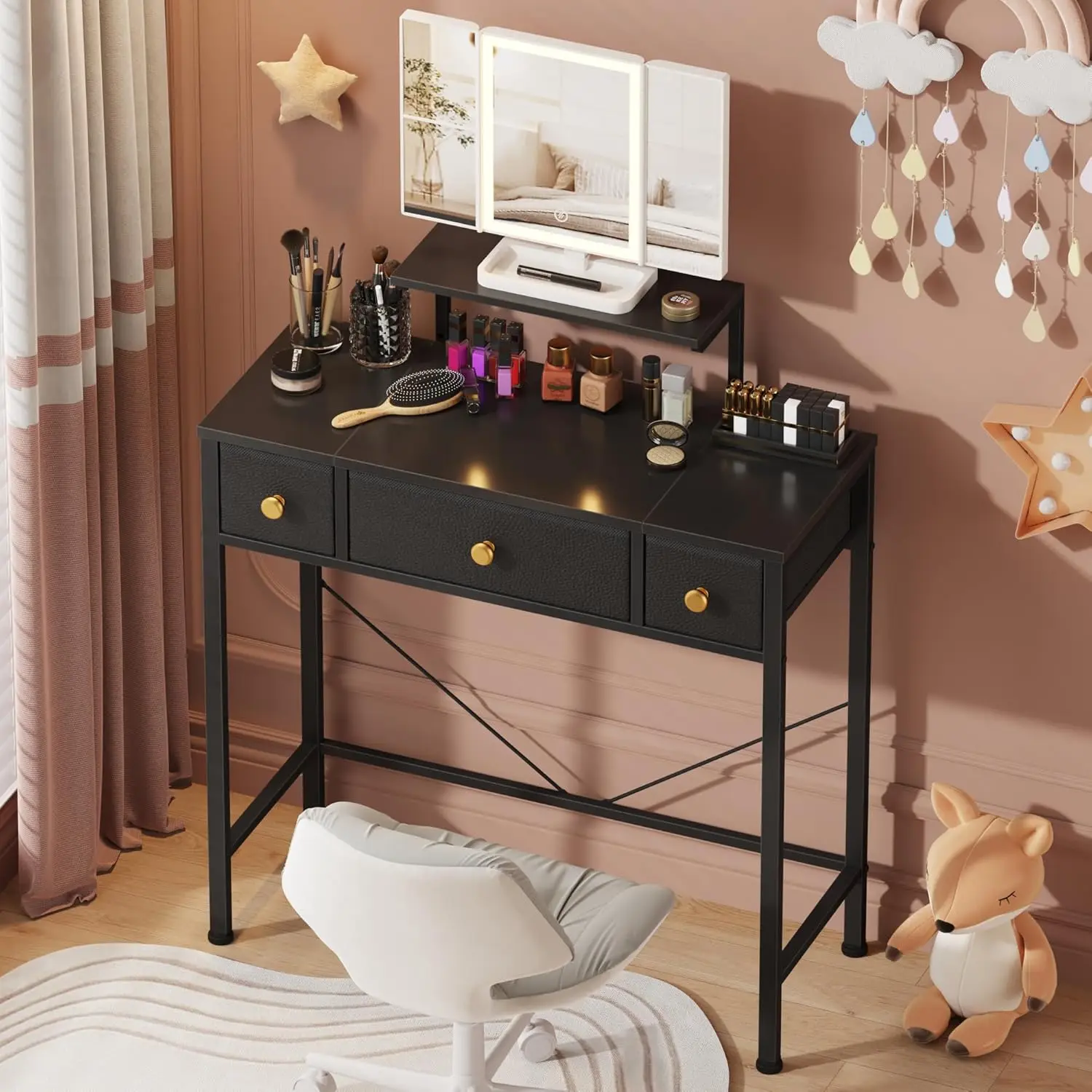 Small Vanity Desk with Mirror & Lights, 3 Drawers, Adjustable Height for Girls Gifts and Small Spaces, Black