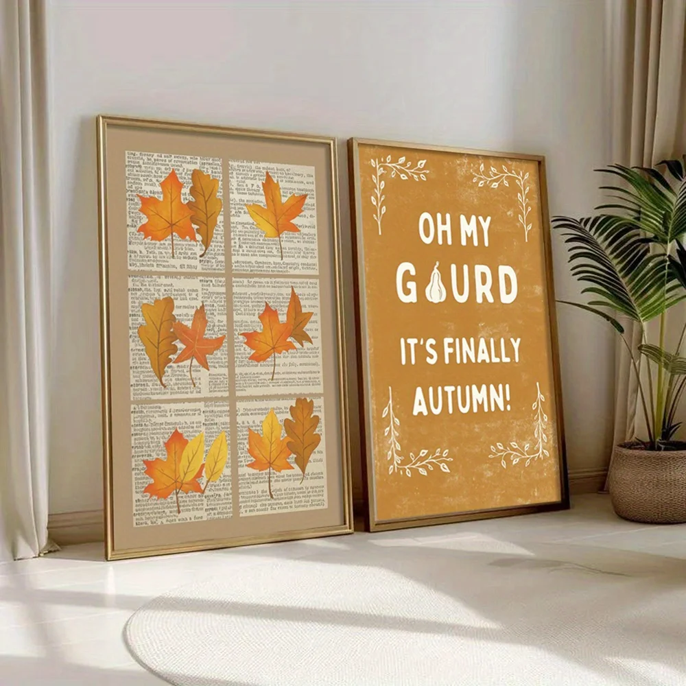 Simple Autumn Fallen Leaves Wall Art Canvas Poster 2pcs, Pumpkin Harvest Season, Home Decor for Living Room and Dining Room