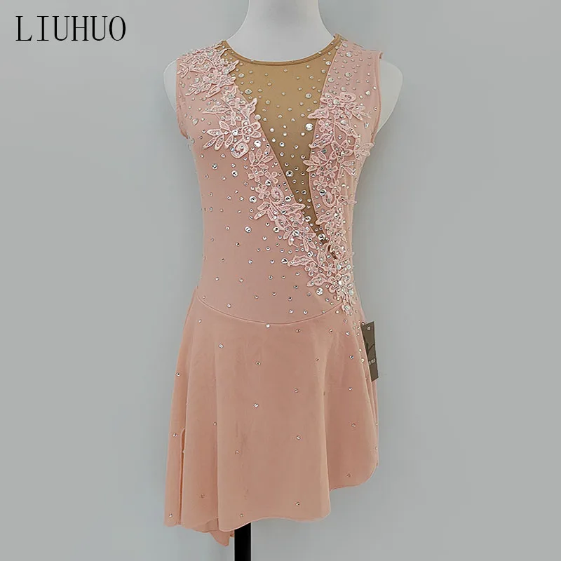 LIUHUO Figure Skating Dress Women Quality Crystals Irregular Skirt Kids Competition Rhythmic Gym Leotards Child BD1263