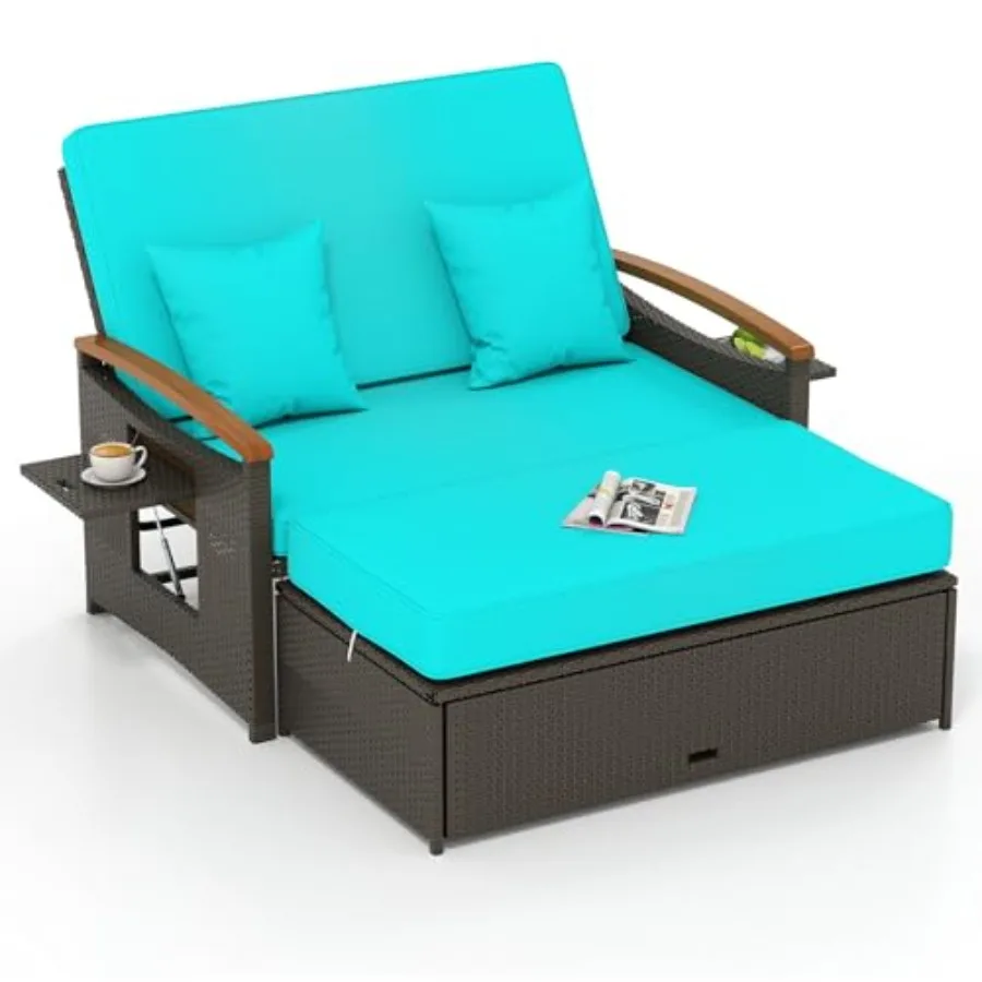 Patio Rattan Daybed with 4-Level Adjustable Backrest, Outdoor Wicker Loveseat with Acacia Wood Armrest, Storage Ottoman and Fol