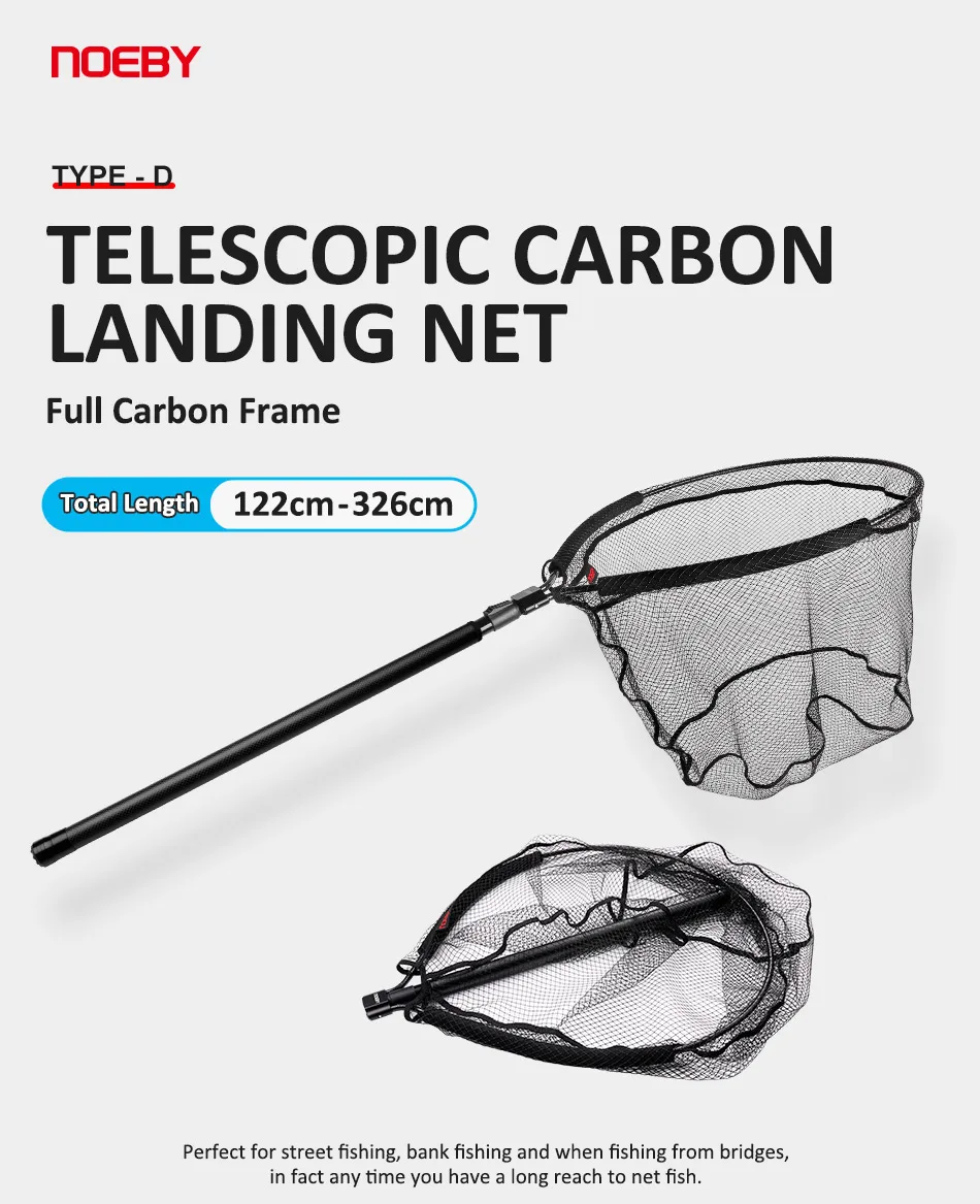 NOEBY Telescopic Landing Net Full Carbon Frame Folding Floating Fishing Net 122-326cm Long Handle 60x50cm