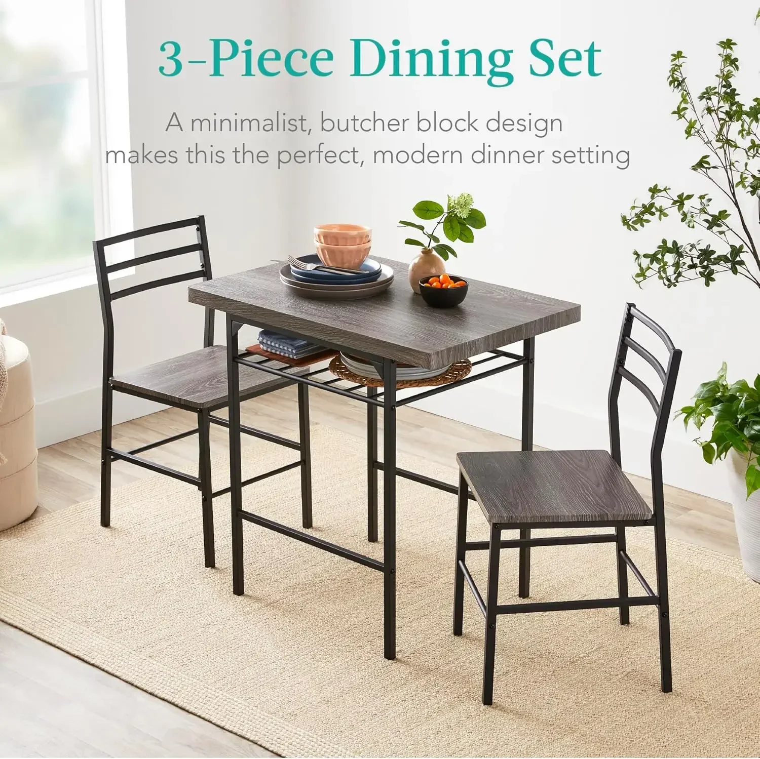 3-Piece Modern Dining Set, Space Saving Dinette for Kitchen, Dining Room, Small Space w/Steel Frame