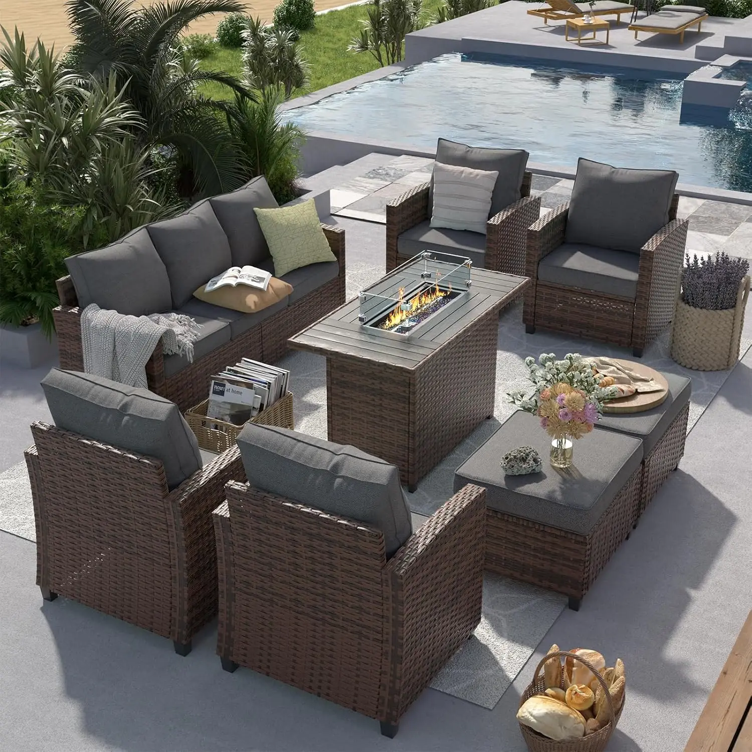 

Patio Furniture Set With 44" Fire Pit Table, 8 Pieces Outdoor Sectional Conversation Sets, All-Weather Wicker, Customized