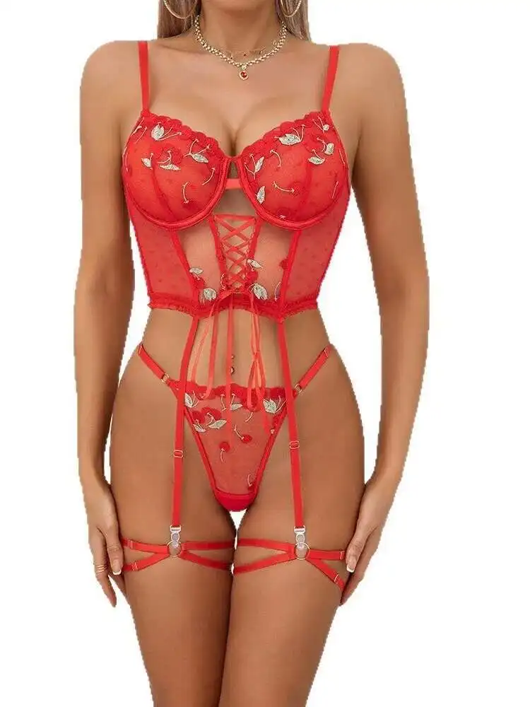 Seksowne, jednokolorowe body z haftem kwiatowym, przezroczystą koronką, siateczką, odkrytymi plecami, głębokim dekoltem V, ramiączkami, bez rękawów, urocze EIOA