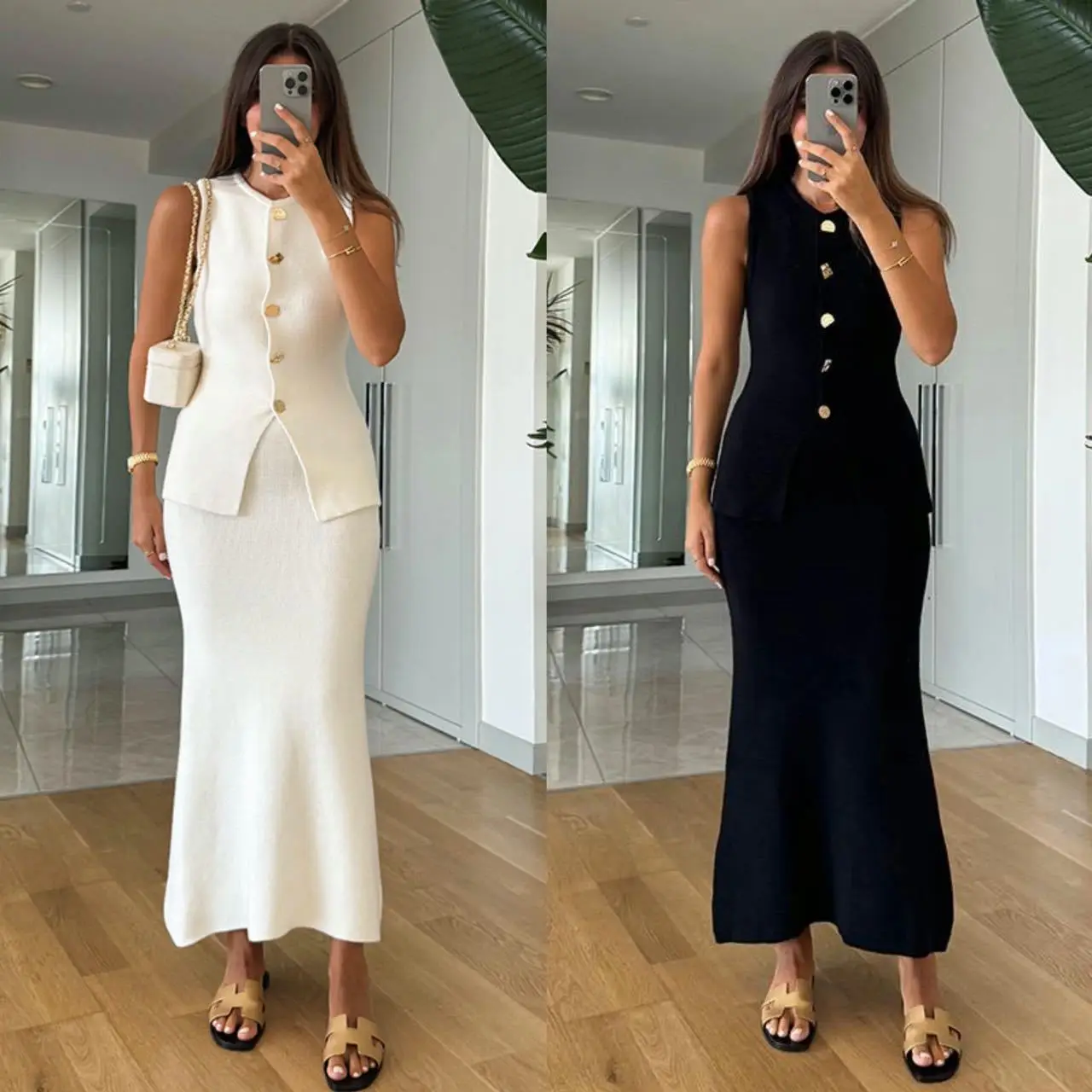 Mouwloze bodycon-top met ronde hals, enkele rij knopen en kunsknuffelende lange rok, 2-delige set Dameskleding Veelzijdige formele outfit