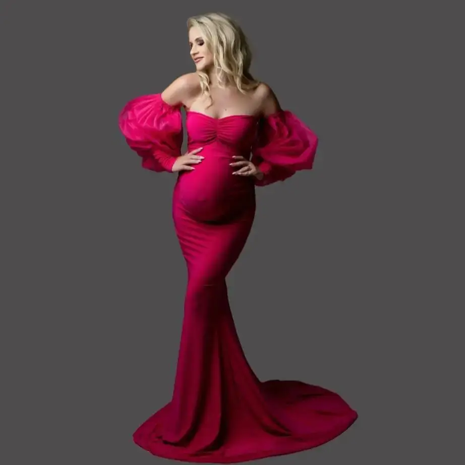 

Sweet Prom Dresses Women Stretchy Baby Shower Gown Puff Sleeves Chic Maternity Photography Vestido de Novia Customized