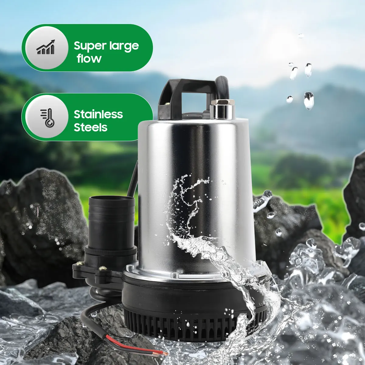 Pompa sommergibile per acqua, portatile, elettrica, con opzioni di uscita da 25/40/50 mm e girante aperta, filtro rimovibile senza attrezzi, cavo rinf