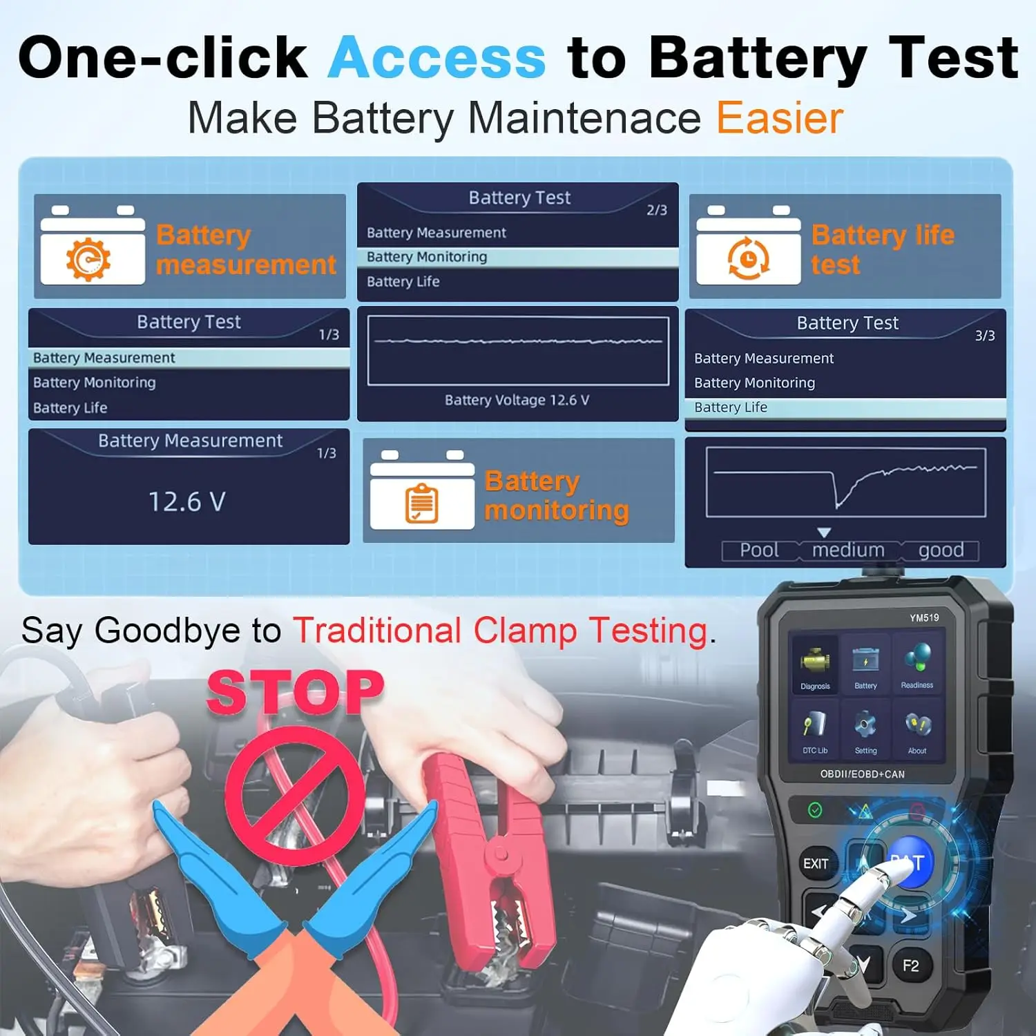 Multi-Language Automotive Diagnostic Tool Engine System Check Fault Code Reader Engine Battery Life Tester YM519 OBD2 Scanner