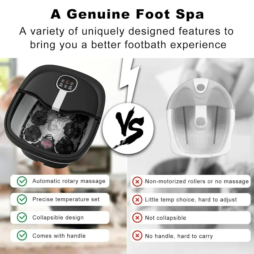 Collapsible Foot Spa Electric Rotary Massage Foot Bath with Heat Bubble 24 Motorized Shiatsu Massage Balls Foot Massage Machine