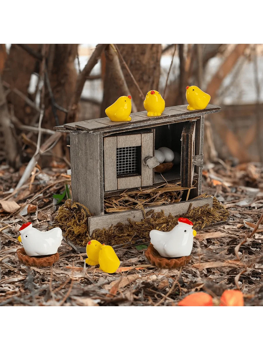 10-Piece Mini Retro Wooden Chicken Coop Set, Mini Family Chicken, Hen, Chicks, Eggs, Chicken Coop Decoration, Suitable for Garde view 5