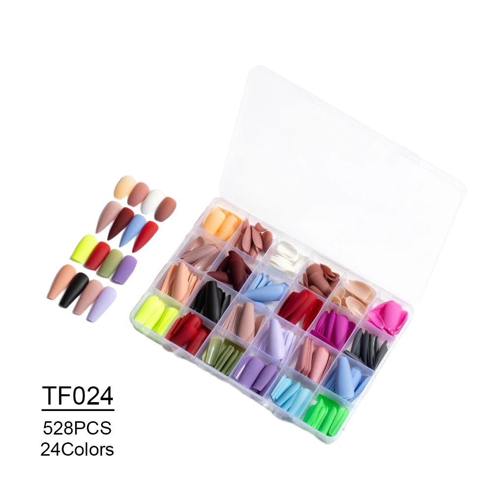 Unhas postiças para manicure, 24 cores, cor sólida, brilhante, fosco, quadrado, apontado, balé, desgaste, com logotipo personalizado, 576/480 pcs