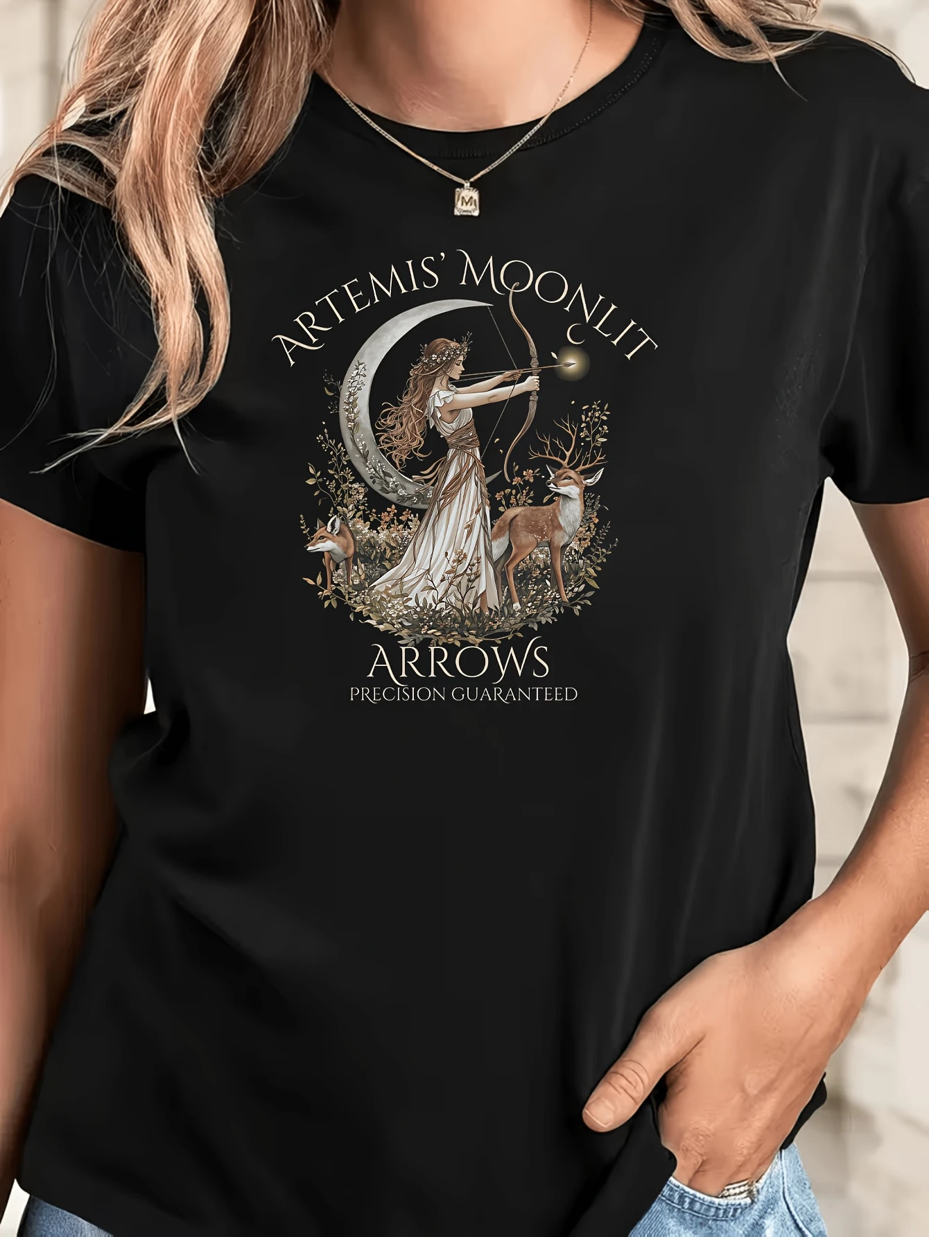 Retro Artemis Moonlight Arrow-Pattern T-Shirt  Featuring Artemis a celestial deer and a crescent moon suitable for all seasons