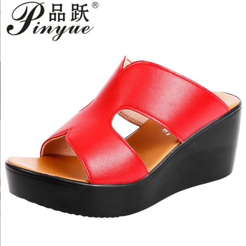 Women Summer Slippers Women Wedges Heels Fashion Summer Genuine Leather Shoes Platform sandal size 32 43