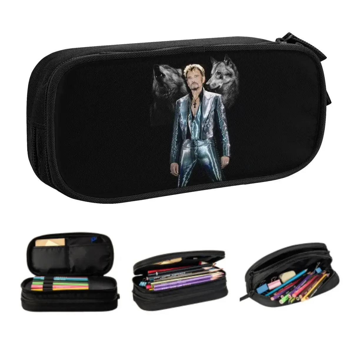 Custom Cute Johnny Hallyday With Wolf Pencil Case for Boy Girl Large Storage French Rock Singer Pencil Pouch School Accessories