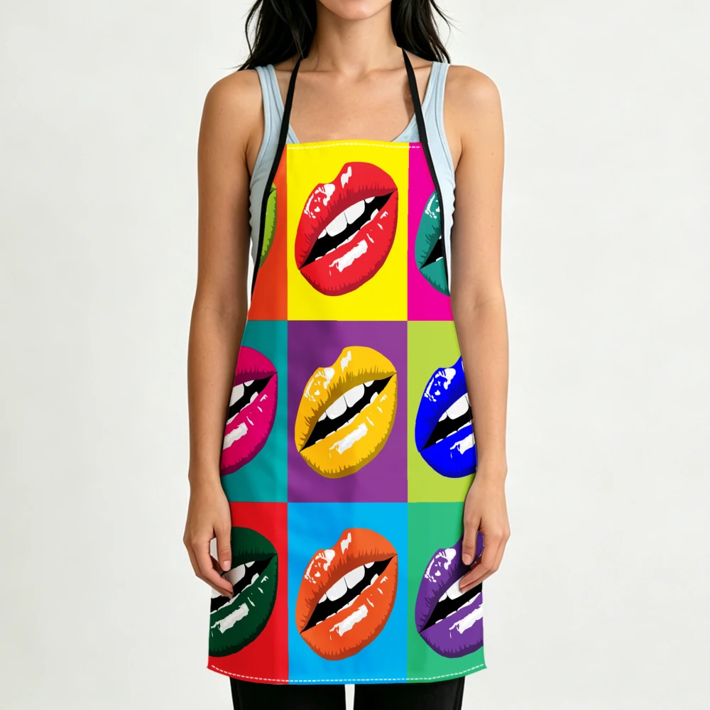 Pop Art Style Apron Colorful Lips Print Kitchen Aprons Cooking Baking Protection Adjustable Bibs