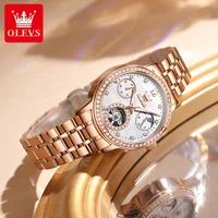 Montres mécaniques pour femmes de la marque OLEVS, montres squelette de luxe avec tourbillon, lunette sertie de diamants, phase lunaire, montres automatiques pour femmes 2