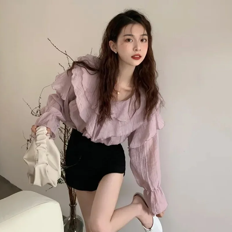 Blouses Women Elegant Ruffles Design French Style Tender Trendy Office Lady Chiffon Simple Solid Ropa Mujer Spring Loose Chic