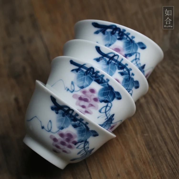 Ruhe Pure Handmade Underglaze Color HigH-temperature CeramiC White Porcelain Grape Large Kung Fu Tea Cup Owner Pu'er