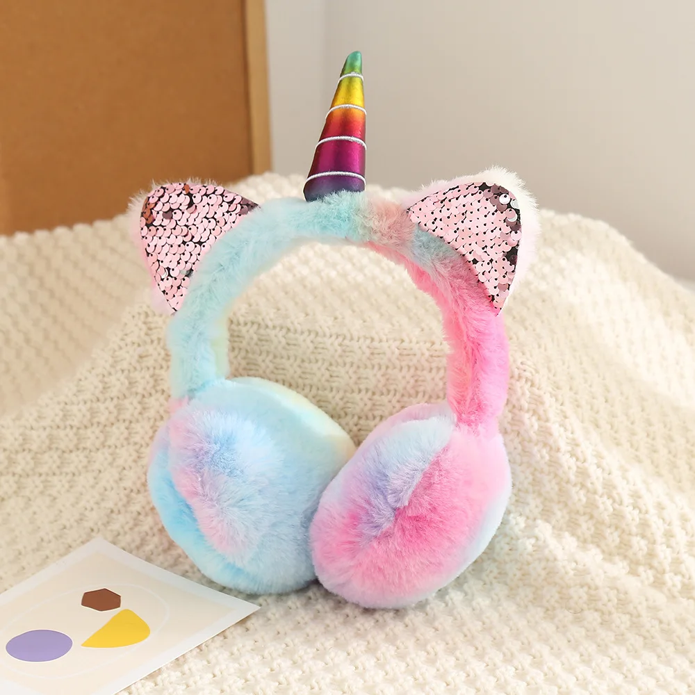 Disney Unicorn Fluffy Earflap Winter Warmer Children Colorful Soft Plush Earmuffs Lovely Cat Ears Caps Headband Tie-dye Fur Hat