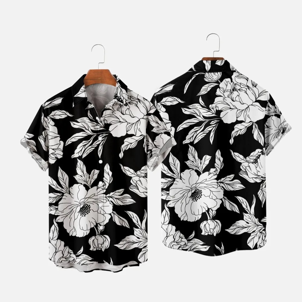 

Summer Short Sleeve Shirt Beach Shorts White Flowers Printed Black Men's Blouse Holiday Party Wear Casual Clothing Streetwear