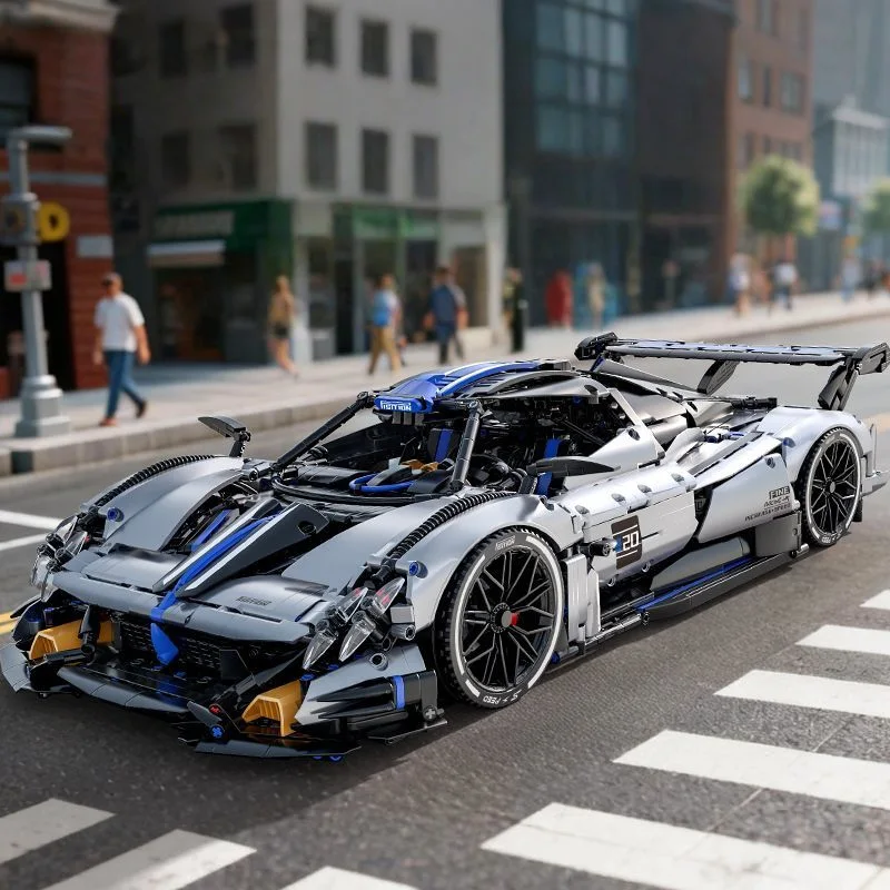 Silver and blue color scheme supercar creative static model, high-difficulty assembly model, educational toy ornament, birthday