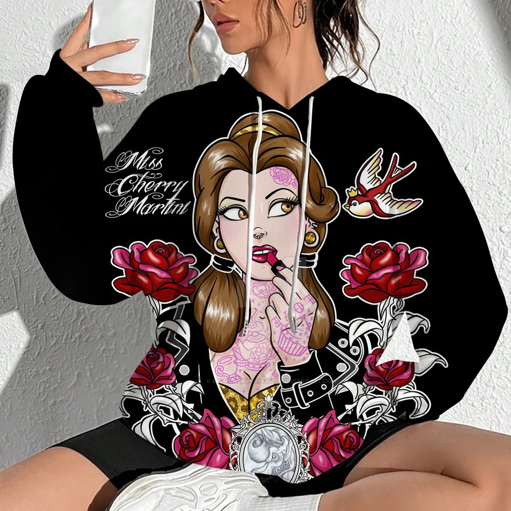 เสื้อสเวตเตอร์มีฮู้ดพิมพ์ลายเจ้าหญิงดิสนีย์ผู้หญิงสวมใส่สบายเสื้อสเวตเตอร์มีฮู้ดแบบพื้นฐานเสื้อผ้าผู้หญิง