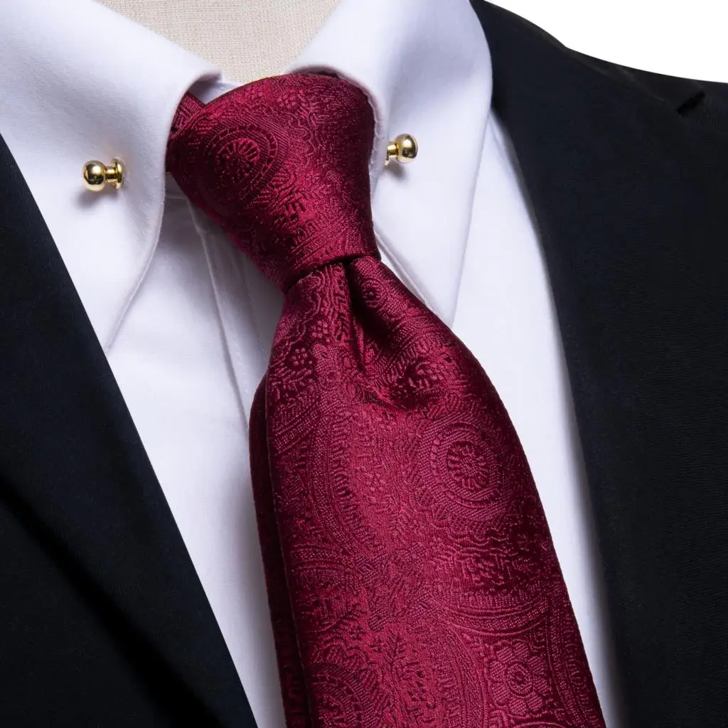 Hi-Tie Burgundy Paisley Silk Wedding Tie For Men Designer Hanky Cufflink Men Necktie With Collar Pin Party Business Dropship