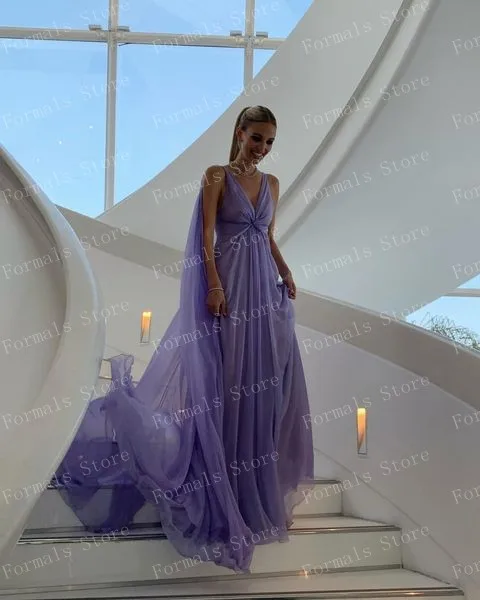 V-neck A-line Chiffon Evening Dresses Ruffles Women's Dress Light Purple Prom Dress With Wraps Floor Length Woman Clothing