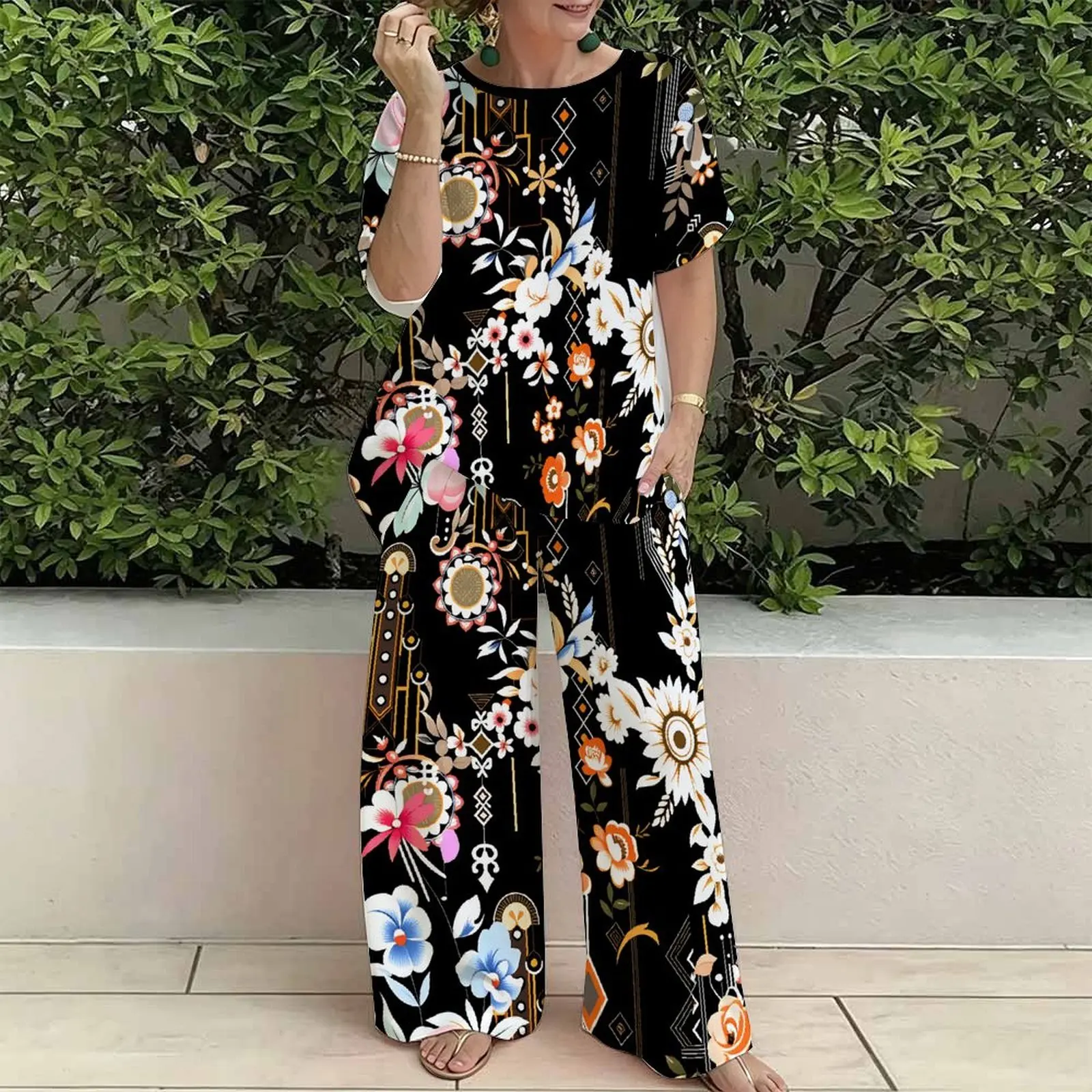 Plus Size Women Spring/summer Fashion Print Two Piece Set  Exercise Round Neck T-shirt Casual Vacation Sweatpants