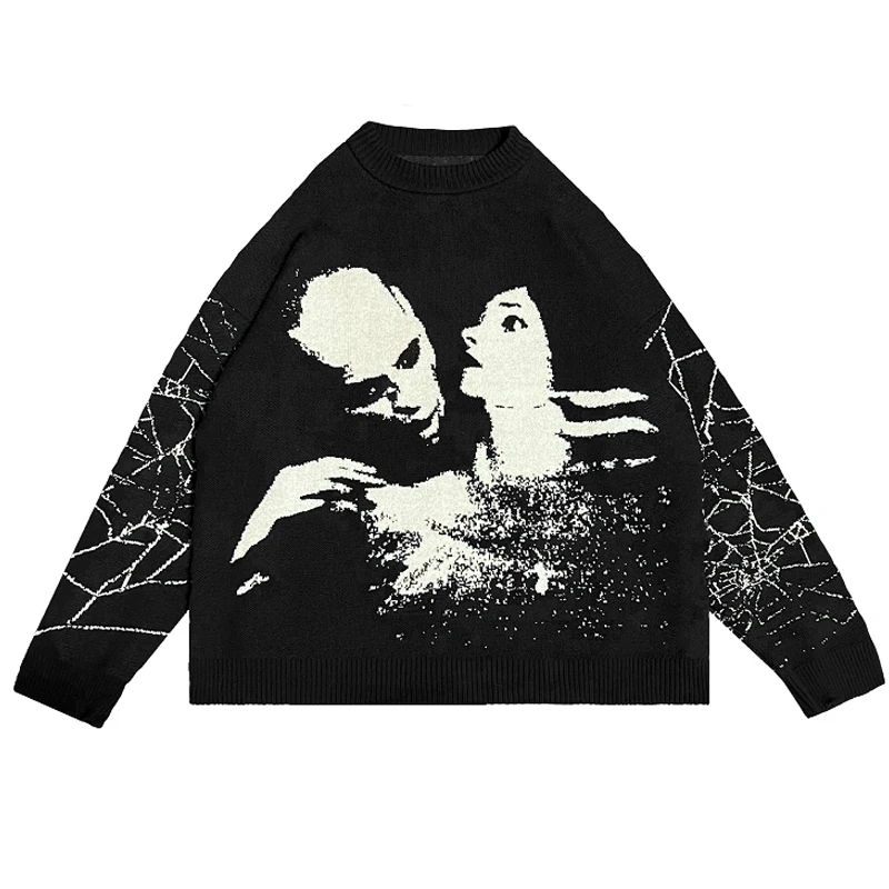 Y2K Goth Harajuku Portrait Print Pattern Long Sleeve Knit Men Pullover Winter Streetwear Casual Grunge Women Pullover Sweater