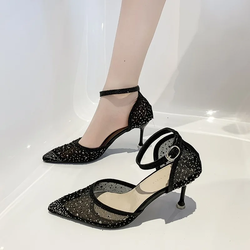 Elegant Women's High Heels 2024 Summer New Style Rhinestone Mesh Surface Pointed Toe Thin Heel Single Shoe Rubber Material