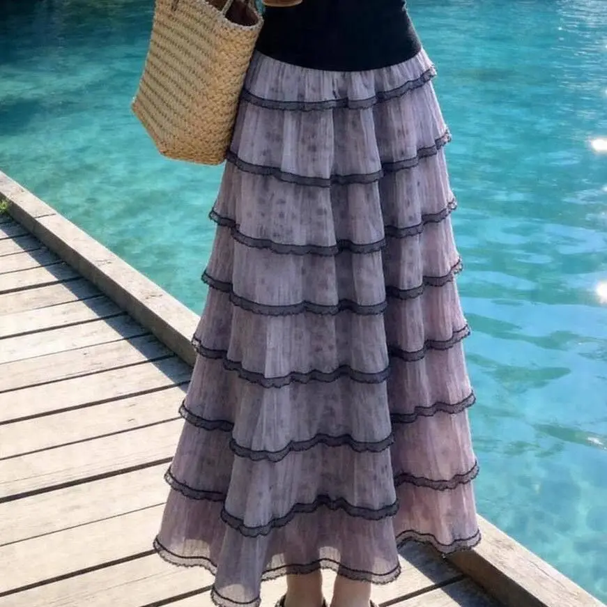 Elegant Multi-Layered Lace Cake Skirt for Women Summer New Style Purple Splice Long Skirt Casual High Waist Polyester Fiber