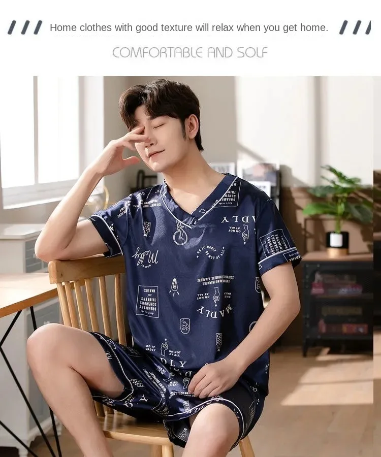 Pyjama Männer Eis Seide Kurzarm Student Homewear zweiteiliges Set von leicht zu reinigenden Kurzarm Shorts Nachtwäsche Lounge wear – Detail 3