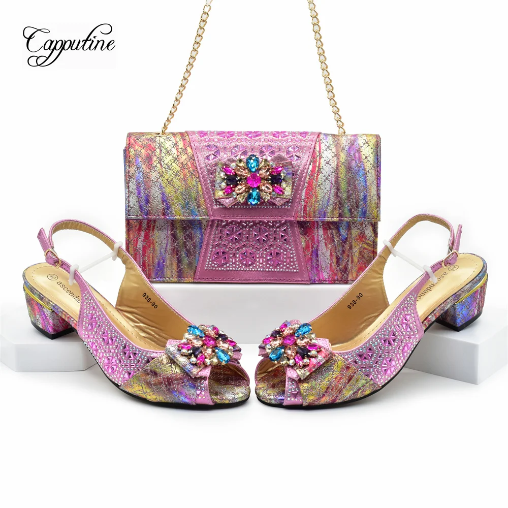 

Pink Women Shoes And Bag Set To Match African Ladies High Heels Sandals With Handbag Pumps Clutch Nigerian Sandalias 938-90