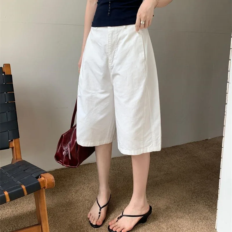 Femme High End Knee Length Straight Leg Shorts Retro Lady High Waist Five Quarter Trousers Summer Women Loose Workwear Pantalons