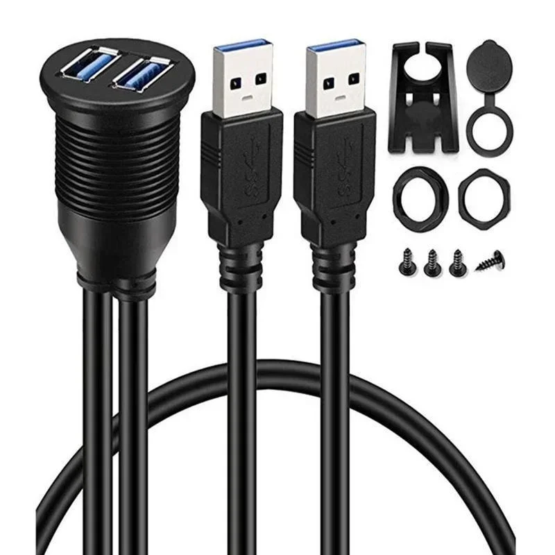 Dual USB 3.0 Male To USB 3.0 Female Extension Cable with Flush Mount Panel for Car Truck Boat Motorcycle