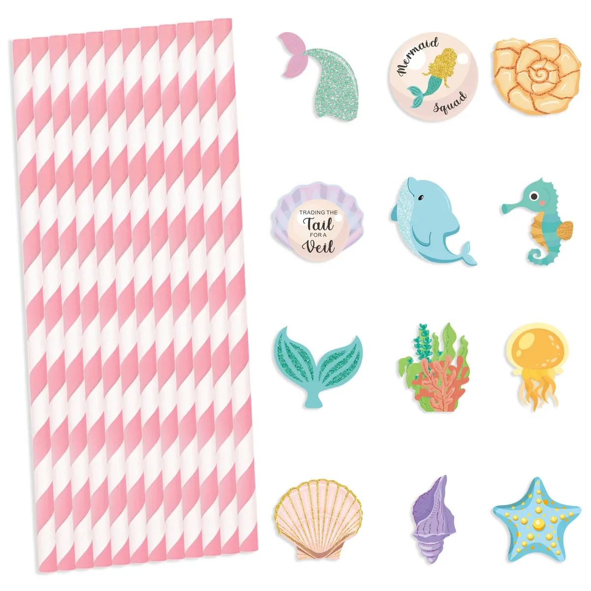 12Pcs Paper Drinking Straws with Cards Eco-friendly Mermaid Disposable Seashell Starfish Cake Dessert Toppers Party Decoration