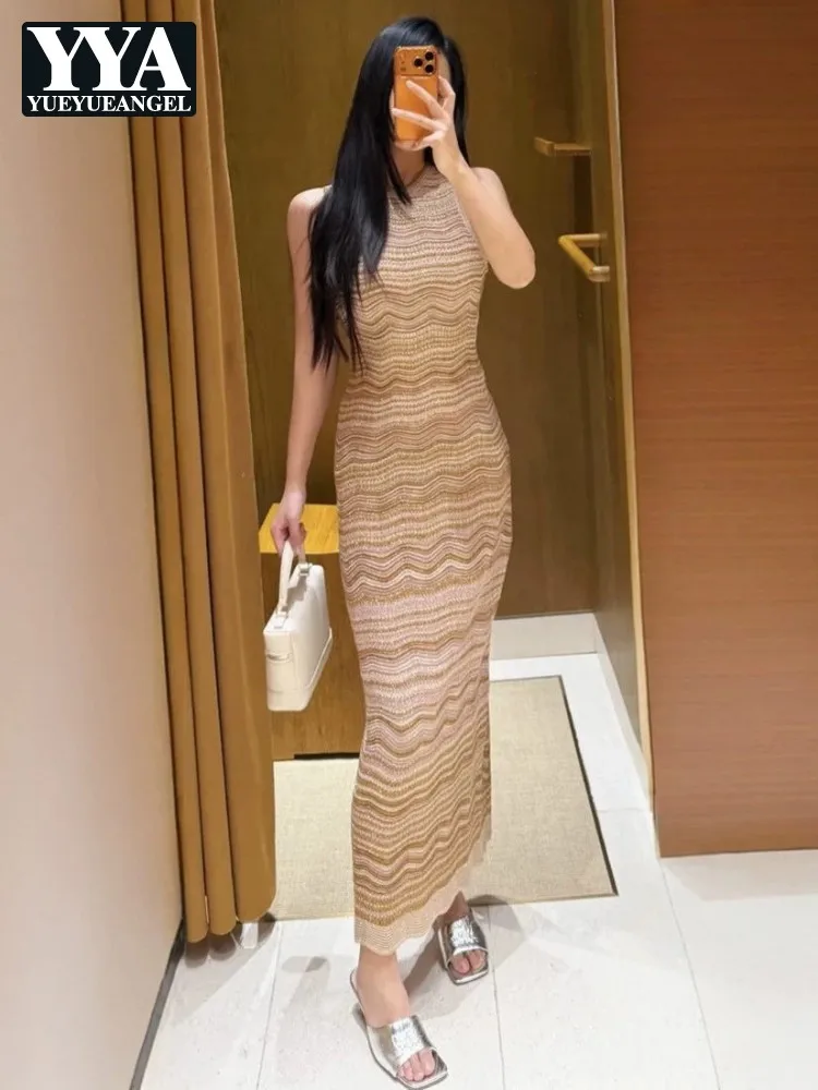 Female Summer Knitted O Neck Ankle Length Dress Hollow Out Ripple Pattern Slim Sleeveless Long Dresses A-Line Elegant Sundress