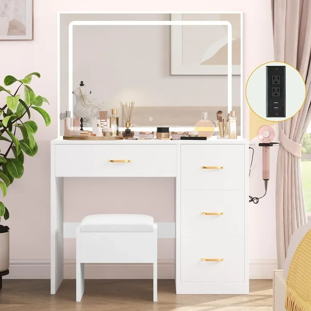 Vanity Set 4 Drawer Vanity Table With Cushioned Stool Nightstands Milky-White 3 Color Lighting Modes With Adjustable Brightness