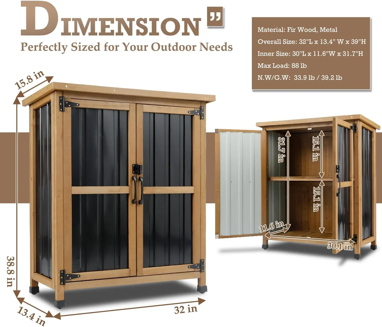 Small Outdoor Storage Cabinet Weatherproof Deck Storage With Adjustable Shelf Wood Metal Design Waterproof Lockable Container For Patio Pool Backyard Deck Lawn Organization, Natural Brown