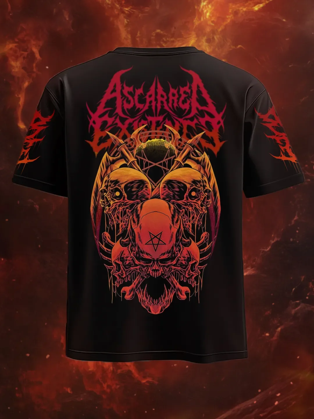 Gothic Metal Skull Pentagram T-shirt Gothic Flame Sleeve Pattern Scars Exist Flame Sleeve Back Printed Casual Top