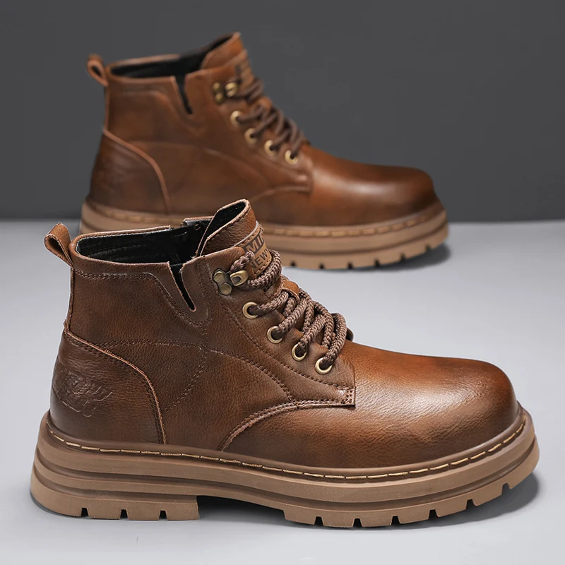 

Vintage Brown Boots Men Motorcycle Shoes Outdoor Platform Work Shoes Men Comfortable Leather Ankle Boots Man Biker Boots Winter