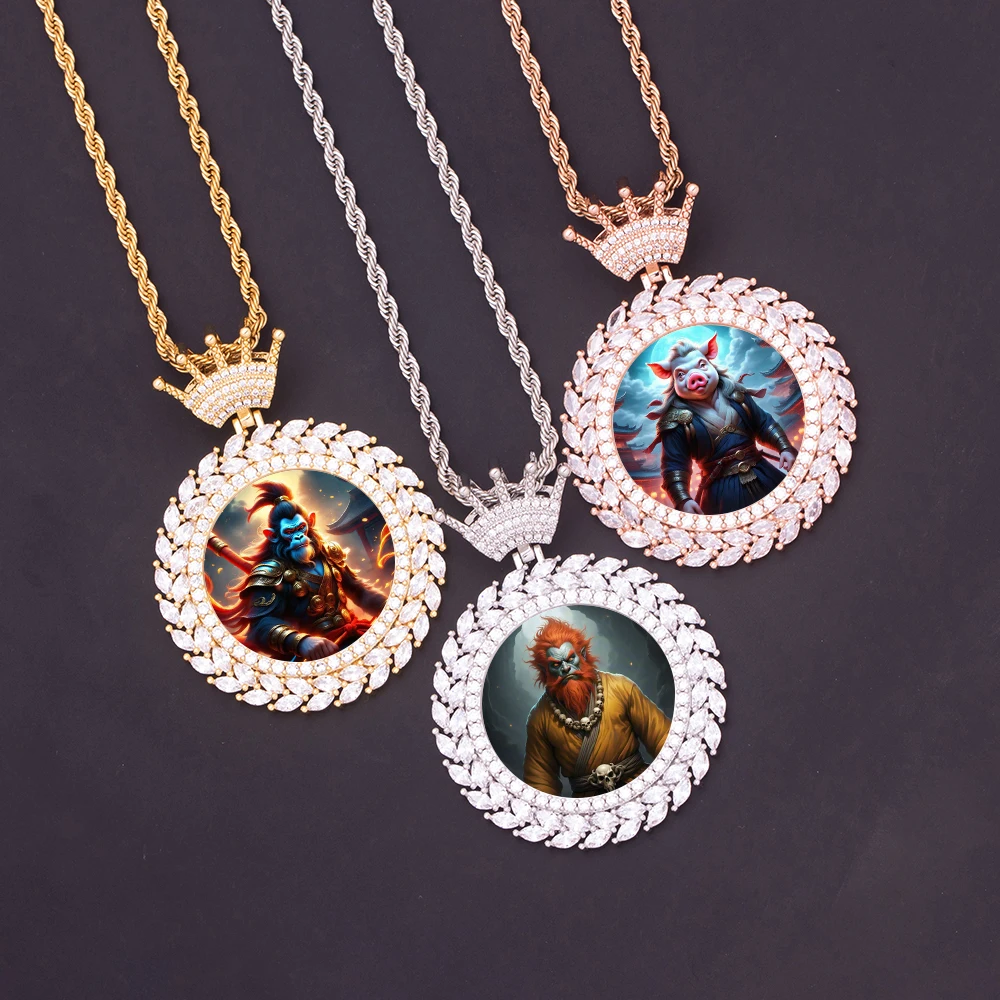 

Hip Hop Personality Leaf Design Round Photo Memory Frame Pendants Crown Hook Iced Out Sublimation Picture Charm Necklace Jewelry