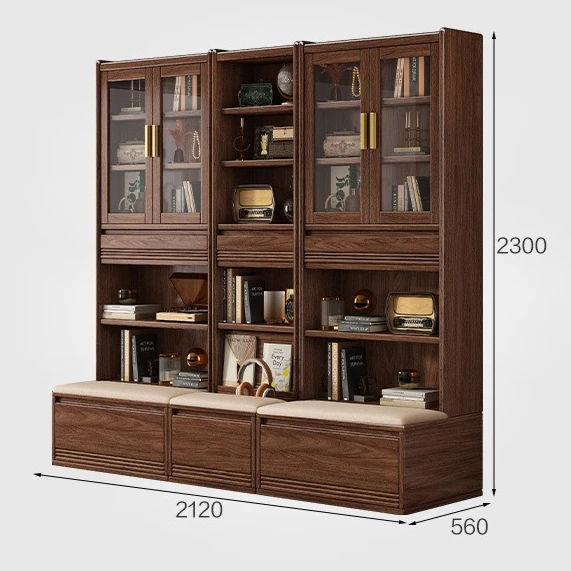 

Black Walnut Solid Wood Bookcase Wall Lattice Bookshelf Glass Door Composite Locker Floor Storage Display Cabinet