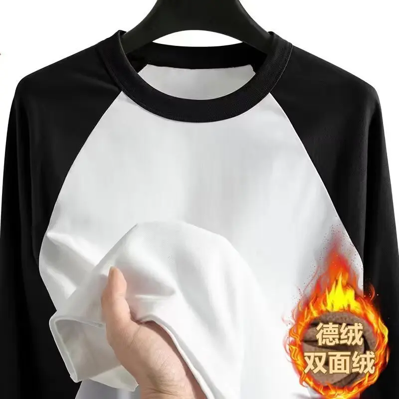 

1pcs Men Round Neck Thermal T-shirts Man Solid Micro-fleece Lined Long Sleeves Tee Male Athletic Workout Base Layer Pullover Top
