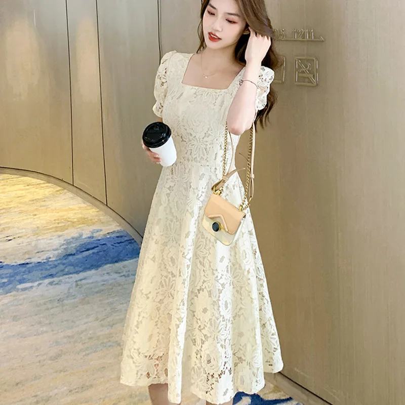 Large Size Women's Medium and Long Lace Dress Summer Wear Fat Sister Waist and Thin French Coffee Break Short Sleeve Long Dress