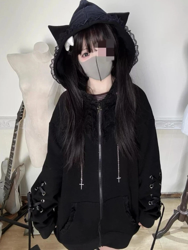 2000s جميل Harajuku عادية فضفاض كم طويل زمم هوديي المرأة Y2k لون نقي مقنعين البلوز ثقافة فرعية معطف الشتاء شيك
