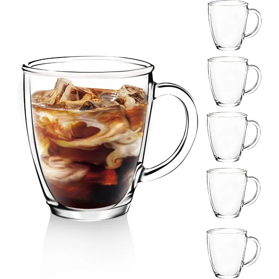 

6 PACK 12 OZ Premium Glass Coffee Mugs with Handle for Hot and Cold Beverages Transparent Tea Glasses Ideal for Americano Cappu