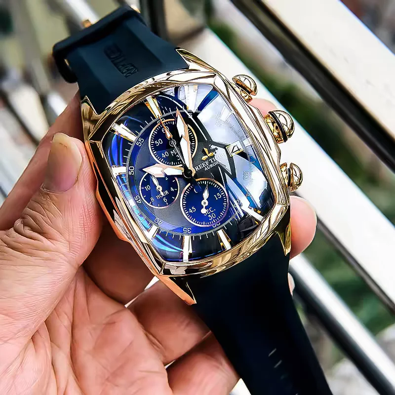 Reef Tiger Men Chronograph Watch 45mm Tonneau Quartz Wristwatch Luminous Rubber Strap Military