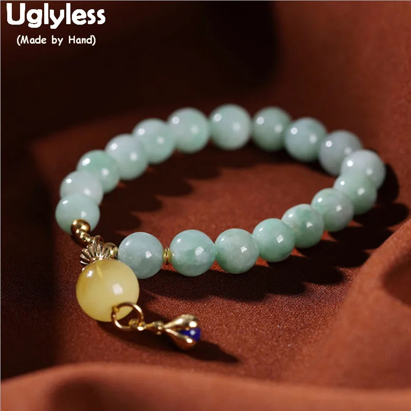 

Uglyless Luxury Gemstones Jadeite Jewelry for Women Elastic Rope Strand Bracelets Natural Amber Lapis Charms 925 Silver Jewelry